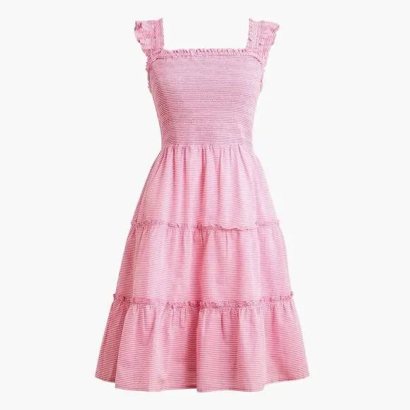 J Crew Sz Large Striped Smocked Tiered Mini Dress Pink Nautical Preppy Americana